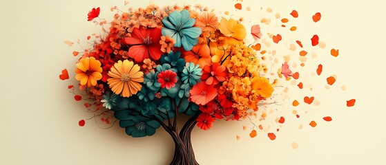 Human brain evolving into a tree with colorful flowers, illustrating the concept of selfcare, positive thinking, and mental health in an inspiring, creative design