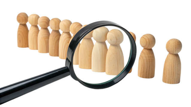 A Magnifying Glass Examining Wooden Figures in a Row, Symbolizing Close Inspection of Individuals in a Group on White Background
