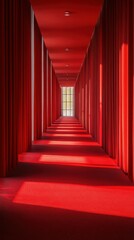 Striking corridor with red drapes and shadows during daylight in a modern architectural space