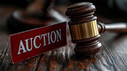 gavel and red auction sign are placed on wooden table, symbolizing excitement of bidding