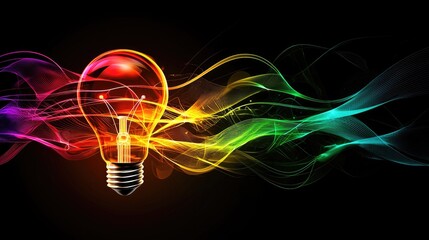3D illustration of a colorful light bulb with creative, abstract, glowing waves, flowing energy, and lights inside on a dark background. An innovative idea 