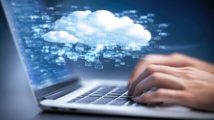Person typing on a laptop with a cloud computing graphic overlay, symbolizing digital innovation and connectivity
