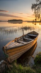 Obraz premium Fishing boat in calm lakes. Old wooden fishing boat. Wooden boat in still lake water at sunset