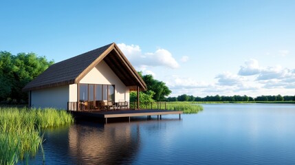Fototapeta premium A serene lakeside house with a thatched roof surrounded by lush greenery, reflecting peaceful nature and tranquil waters.