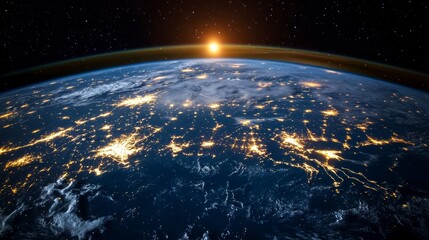 Earth at sunrise, showing city lights and a curved horizon from space.