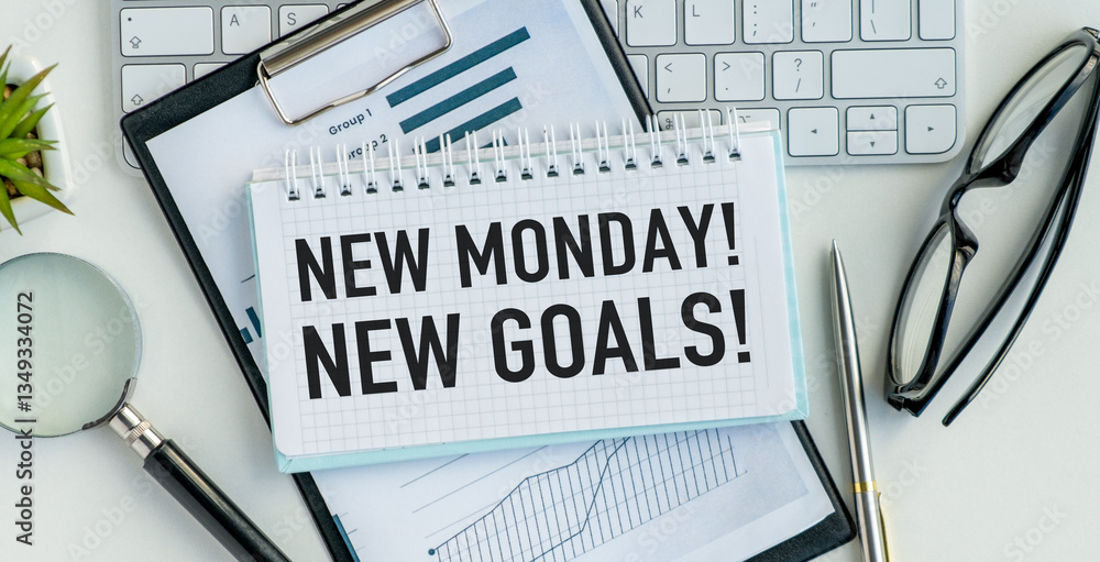 Poster a notebook with a spiral binding and a pen on top of it with the words new monday. new goals written