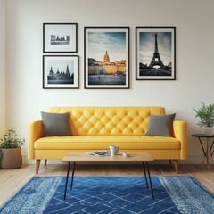 Vibrant Yellow Leather Sofa with Travel Posters - Airy Living Room Adventure