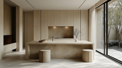 Fototapeta premium Modern Minimalist Beige Kitchen Interior Design With Stone Countertop And Stools