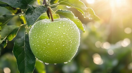 Crisp green apple with dewdrops hanging from a tree branch in early morning light, symbolizing fresh organic farming