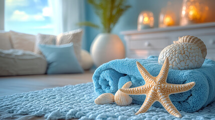 Serene coastal escape: a plush blue towel adorned with starfish and seashells rests on a soft textured rug, evoking tranquility and relaxation in a sun-drenched coastal home.