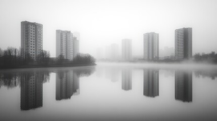 Foggy city reflection on calm water