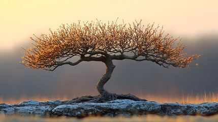 A lone bonsai tree gracefully endures the sunset, a testament to resilience and quiet strength in a serene, soft-lit landscape.