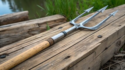 Three Pronged Fishing Spear on a Rustic Wooden Surface Ideal for Outdoor and Fishing Enthusiasts