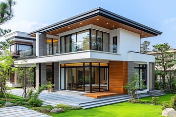 Fototapeta premium Modern Two-Story House with Expansive Windows and Landscaped Yard