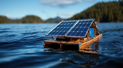 solar powered raft floating on calm water, showcasing renewable energy in serene natural setting