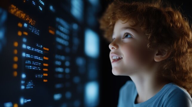 Digital Discovery: A curious child gazes at a digital interface, exploring data, sparking wonder and symbolizing the future of learning.