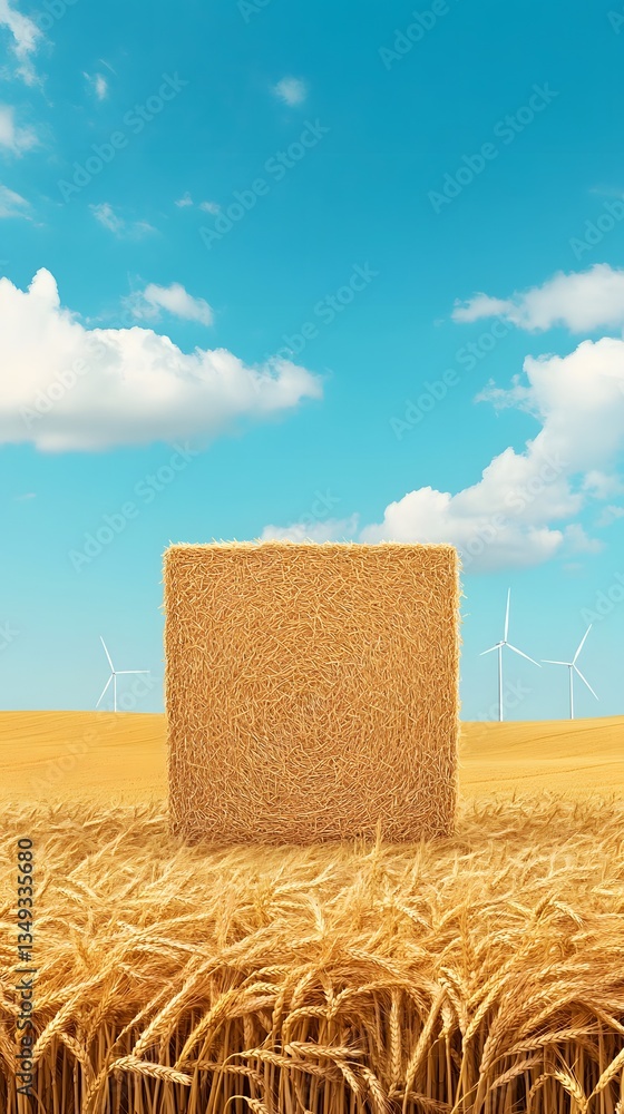 Poster a podium built from golden wheat, standing in the middle of a vast countryside field with windmills 