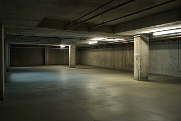 The basement room on the bottom floor of the building's parking lot is empty in an industrial cast concrete style