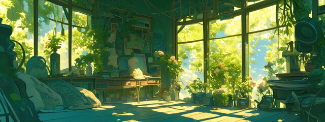 Art studio filled with plants, bathed in sunlight streaming through large windows, evokes a sense of creativity and tranquility
