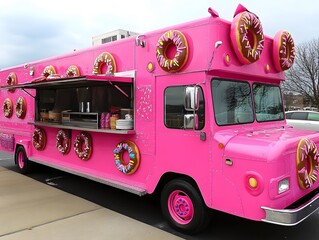 9. A bright pink donut food truck with giant donut decorations