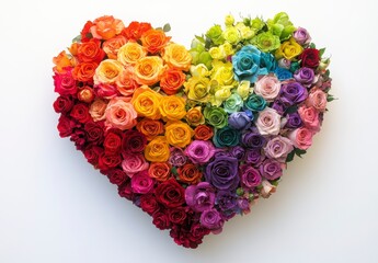 Rainbow Roses Heart Shaped Floral Arrangement on White Background