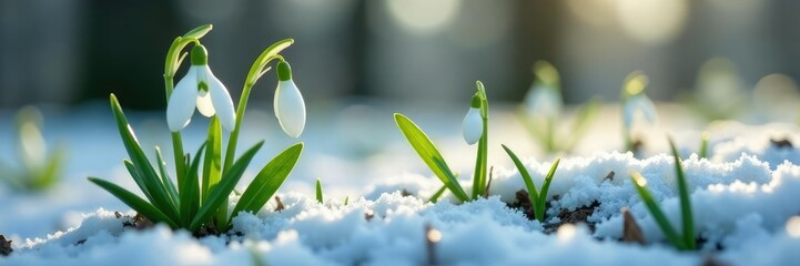 Obraz premium Snowdrop stems rise through frosty undergrowth, snow, growth, season