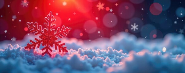 Fototapeta premium Snowflake on a bright red background with blue bokeh, twinkling, snow, colorful
