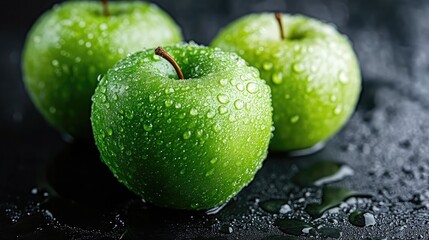 Fresh green apples covered in water droplets