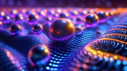 A sphere surrounded by many smaller spheres creating a chaotic resonance effect on a vibrating surface in a scientific setting.