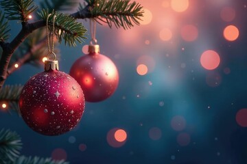 Sparkling ornaments hang from the branches of a tree, background, colorful, branch