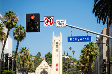 Hollywood Blvd sign with palm tree and blue sky backdrop.