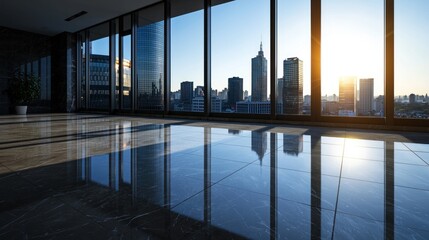 Modern office interior with city view at sunrise, reflecting floor