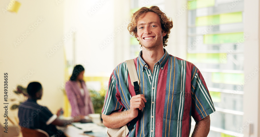 Poster university student, man and portrait with backpack, smile and ready for back to school, learning or 