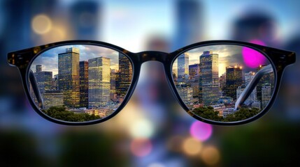 Cityscape viewed through eyeglasses, urban perspective, blurred background