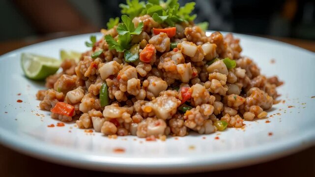 Delicious spicy shrimp dis  garnished with herbs