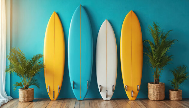 Surfboards lean against bright blue wall with tropical decor. Surfboards in row of yellow, white, blue colors. Palm plants in woven baskets complete beach theme. Sunny vacation mood. - Powered by Adobe