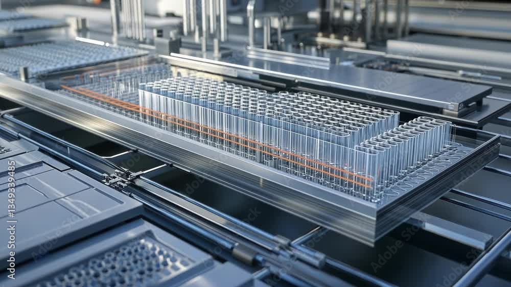 Poster futuristic laboratory equipment automatically handling test tubes on a conveyor belt, symbolizing ad