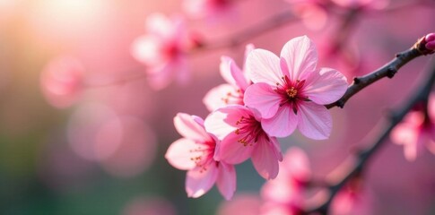 Obraz premium Close up of vibrant pink cherry blossoms, soft focus background Springtime scene , macro, nature background, floral