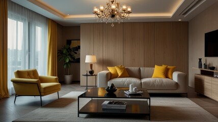 Modern living room with beige sofa, yellow accents, wood paneling, and crystal chandelier