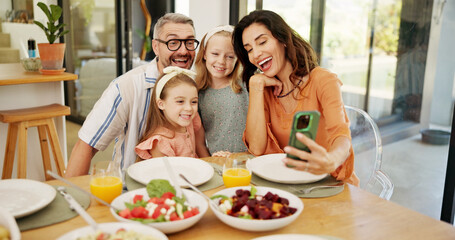 Selfie, happy and family at dining table for lunch in home together with memory, bonding or connection. Photography, food and parents with girl children for profile picture with healthy meal in house