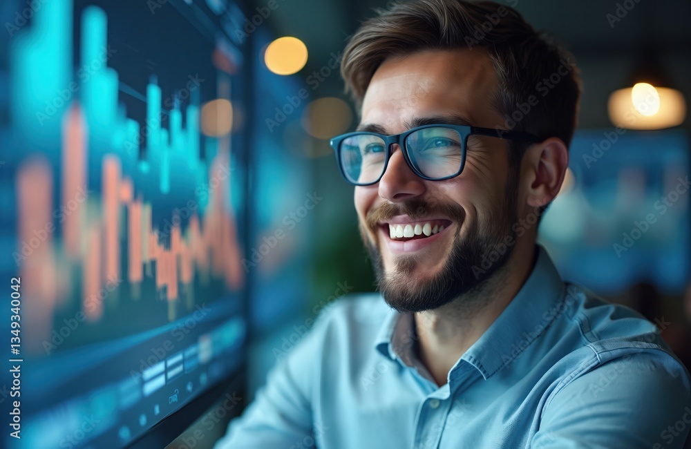 Poster smiling businessman wearing eyeglasses analyzes sales data on screen. graph charts with key performa