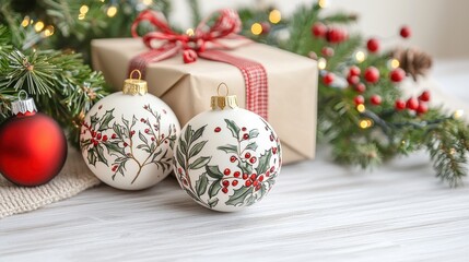 Festive christmas decorative with painted ornaments gift wrapped in brown paper