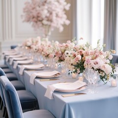 A beautifully arranged dining table adorned with elegant floral centerpieces, perfect for a sophisticated event or celebration.