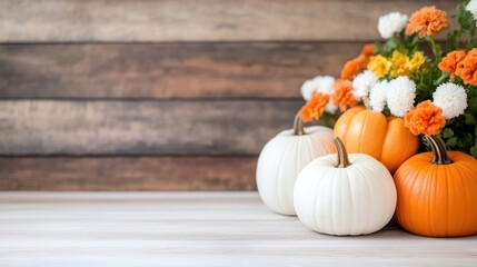 Autumnal pumpkins and flowers on rustic wood