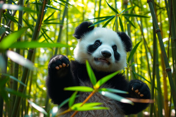 Obraz premium Adorable Baby Panda Sitting Peacefully in a Natural Habitat, Showcasing Its Fluffy Fur, Cute Expressions, and Playful Charm in a Serene Wildlife Setting