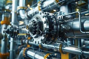 Fototapeta premium Shiny metal gears and pipes are driving energy in modern industrial power plant
