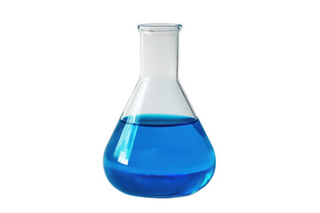 A clear erlenmeyer flask filled with vibrant blue liquid isolated on a black background 