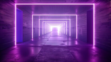 3D visualization, neon light abstract purple background, square shape portal, virtual reality. Ultraviolet spectrum, laser show, fashion catwalk, stage, floor reflection