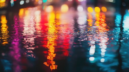 Colorful surface lights are reflecting on the city of dark water at night, creating a vibrant and abstract pattern background