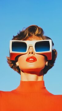 Fashion model wears bold sunglasses against clear blue sky with vibrant orange outfit showcasing modern style and artistic expression. Ideal for Social Media, Stories, Advertising